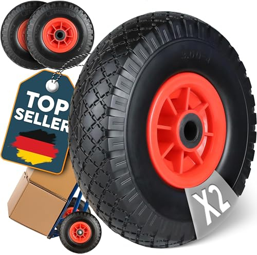 2X FROSAL Sackkarrenrad PU Rad 260 mm 3.00-4 – Vollgummireifen pannensicher für Sackkarre und Bollerwagen – Reifen ca. 75 mm – Nabe Ø20×75 mm – Kunststofffelge rot – Rollenlager – 2er Set