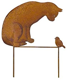 Gartenstecker Katze + Vogel 50cm Höhe Metall Rost Gartendeko Edelrost