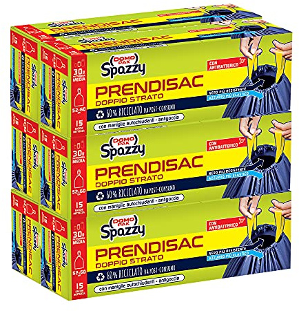 Domopak Spazzy Sacchi Nettezza Prendisac Con Maniglie Autochiudenti, Blu, Nero, 15 Unità, Confezione da 6