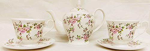 fromeuropewithlove Service à thé rose pour deux roses sauvages en porcelaine fine, 1 théière, 2 tasses et 2 soucoupes décorées à la main au Royaume-Uni