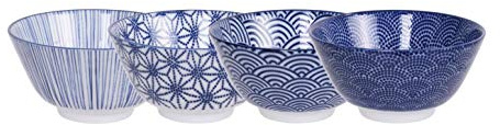 TOKYO design studio Nippon Blue 4-er Schalen-Set blau-weiß, Ø 12 cm, ca. 300 ml, asiatisches Porzellan, Japanisches Design mit geometrischen Mustern, inkl. Geschenk-Verpackung