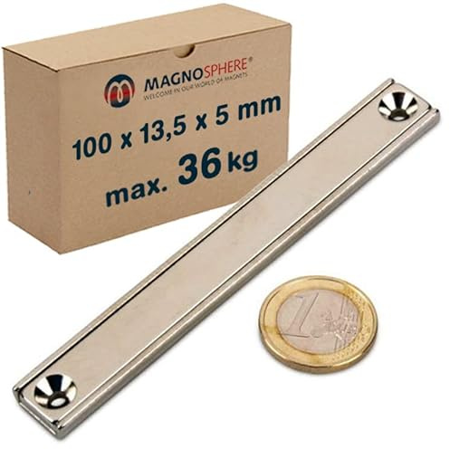 Barra magnética plana Neodimio 100 x 13,5 x 5mm con taladro avellanado - 36 kg