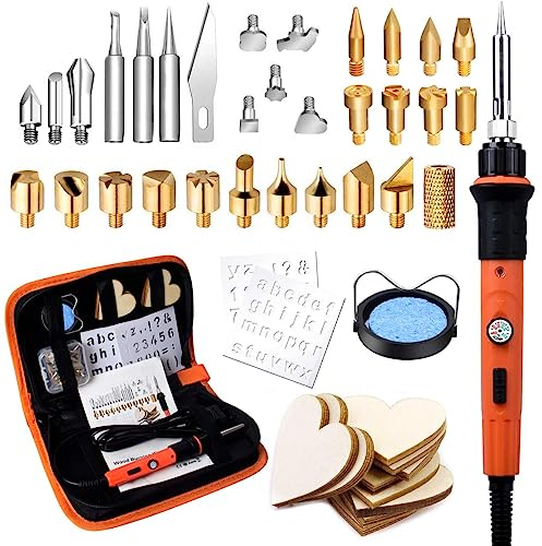 Preciva 45 Pezzi Kit Saldatore Portatile per Pirografia, 60W,Temperatura 220° C a 480° C, Attrezzi Incisione Professionale lavori su Cuoio Legno, Custodia per il trasporto