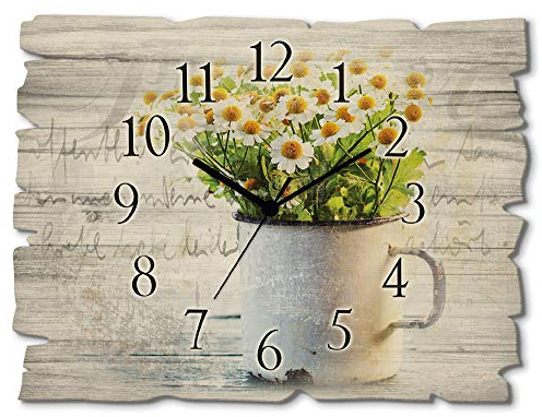 ARTLAND Wanddeko Wanduhr ohne Tickgeräusche aus Holz Funkuhr 40x30 cm Rechteckig Lautlos Blumen Gänseblümchen Frühling Natur Garten Ländlich T4UE