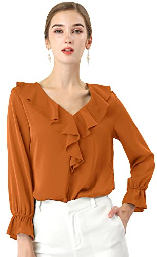 Allegra K Women's Ruffle Blouse for Business Work Elegant V Neck Long Sleeve Casual Dressy Top, Brown, M