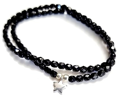 Andrea Traub - FASHION Perlenarmband einfarbig tief schwarz glänzend Armband aus Glasperlen 4mm und einem versilberten kleinen Stern