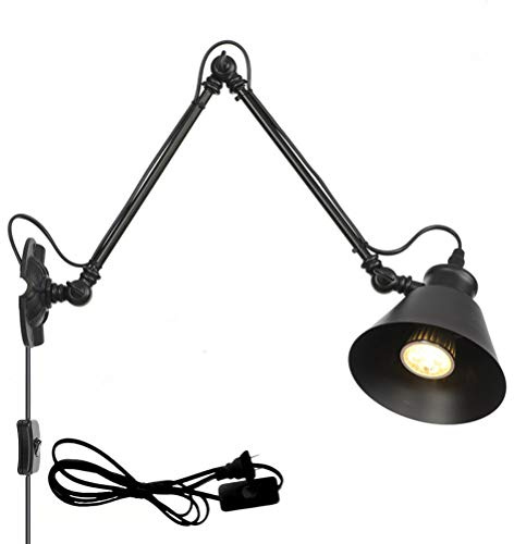 Schwarz Industrial Wandleuchte mit Schalter Retro Innen E27 Wandlampe Wohnzimmer Wand-Leselampen Verstellbar Metall Langer Arm 30+30cm, 1,8 m Kabel mit EU Stecker, für Schlafzimmer Bettseite Büro