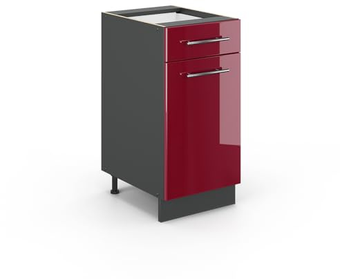 Vicco Küchenunterschrank Fame-Line, Bordeaux Hochglanz, 40 cm | MDF-Front · Ohne Arbeitsplatte · Höhenverstellbare Füße · Metallgriffe · Soft-Close