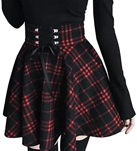 PADOLA Mujer Faldas Plisada Falda Gótica Cuadros Falda Tartán Línea A Cintura Alta Falda Niña Escuela Tenis Skater Minifalda básica (Negro Rojo Tartán, M)