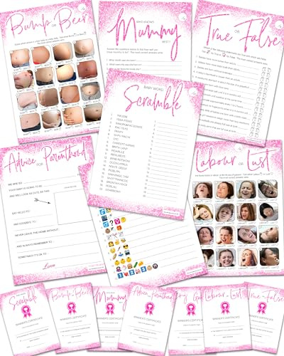 Olivia Samuel Baby Shower Games - 7 Games in 1 Mega Bundle from 10 Player Pack Pink Glitter Design with Winner's Certificates