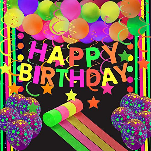 Neon Party Schwarzlicht Deko Geburtstag Neon Partyzubehör Leuchtend Geburtstagsdeko UV Schwarzlicht Reaktive HAPPY BIRTHDAY Girlande Leuchtband Krepppapier Neonfarben Leuchtende Dekoration