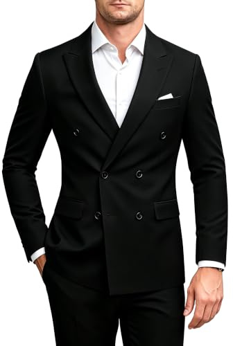 MOGU Mens 2 Pezzi Vestito Slim Fit Doppio Petto Blazer e Pantaloni Tinta Unita Prom Smoking, Nero, 56