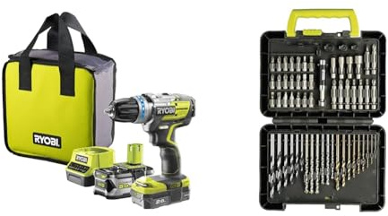 Ryobi 5133003614 R18PDBL-252S Perceuse, 18 V, Noir, Jaune & - Coffret 60 accessoires de perçage et de vissage - RAK60DDF