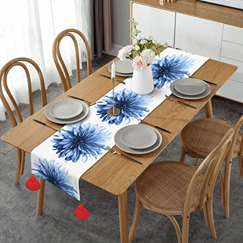 Blaue Dahlien-Blume, dekorativer Tischläufer, rechteckiger Tischläufer, 35,6 x 152,4 cm, Tischläufer, Geschenk für Lieben und Freunde.