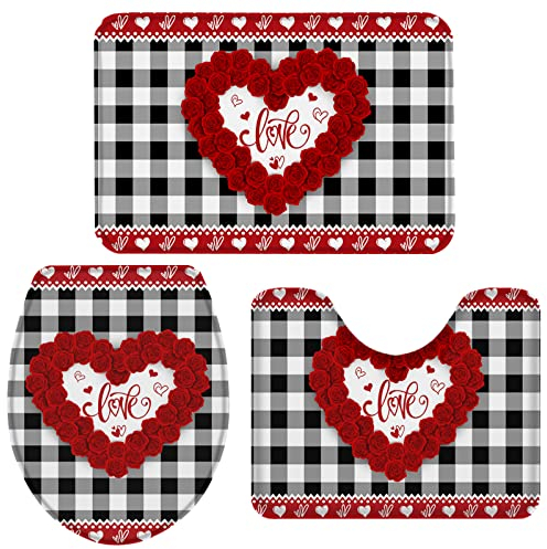 Set 3 Teilig Badvorleger Romantische Rosen Auf Gittern Waschbar Bade-Matte+Kontur+Wc-Deckelabdeckung Dekorative Badgarnitur Badematten Für Badewanne Badezimmer Wc-Sitz Bezug