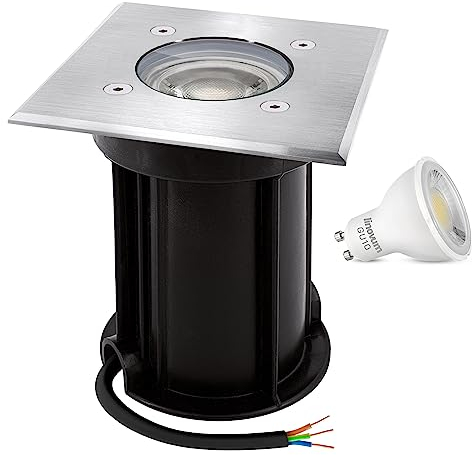 linovum BOQU Bodeneinbaustrahler IP67 dimmbar inklusive LED GU10 Lampe 6W drei Lichtmodi- Bodenleuchte 230V befahrbar quadratisch