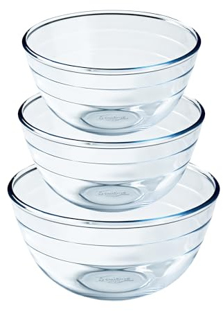 Ôcuisine® Bowl Glass Round Mixing & Prep Bowls | Extreme Resistance | Oven Safe - Freezer Safe - Microwave Safe | Borosilicate Glass | Made in France (Bowl Set of 3 (0.5, 1, 2LT)