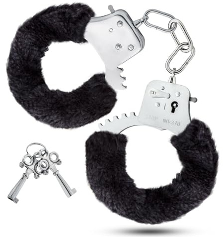 Handschellen mit Plüsch,Spielzeug für Paare,Karneval Kostüm Polizei Kinder Handschelle,Metall Handschellen mit Schlüssel,Weiche Handschellen für Cosplay,für Kinder Party Requisit(Schwarz)