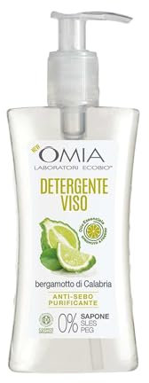 Omia, Detergente Viso anti-sebo purificante con Olio Essenziale di Bergamotto di Calabria, formula studiata per rimuovere l'eccesso di sebo, ideale per pelli miste, Certificato Cosmos Organic, 200 ml