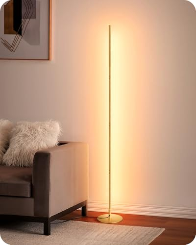 EDISHINE Lampadaire sur Pied Salon LED à Intensité Variable en Continu, Lumière Blanc Chaud 3000K, Lampadaire d'Angle avec Interrupteur à Pied, Lampe d'Ambiance Moderne pour Chambre, Salon, Doré
