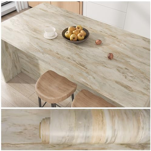 VEELIKE Papel Pintado Marmol Beige Gris Vintage Vinilo Encimera Cocina Papel Adhesivo Efecto Pizarra Grunge Vinilo Marmol Beige Comedor Impermeable Decorativo Baño Mesa Extraíble 40 cm x 300 cm