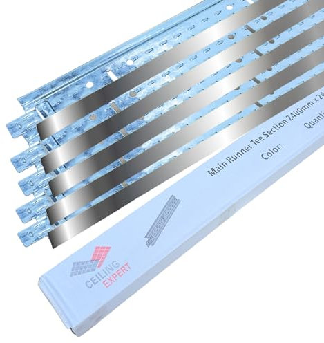 5pcs Polished Chrome Mirror Suspended Ceiling Grid Main Tee Runner Section 2400mm x 24mm Bar Component Spares Support