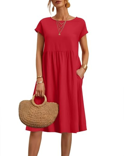 Vestidos de verano para mujer, casuales, cómodos, de algodón, de manga corta, tipo túnica, para playa, con bolsillos, rosso, XL