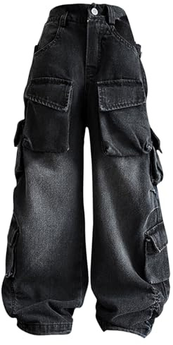 CUTeFiorino Pantalones vaqueros para niñas rotos y descoloridos, holgados, de pierna ancha, pantalones de mezclilla casuales, talla 5 – 16, Negro , 11-12 años