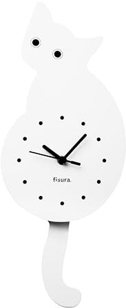 FISURA - Original Wall Clock, White Kitchen Clock, Bedroom, Bathroom & Living Room Accessories, Cat Shape with Pendulum (Cat's Tail)
