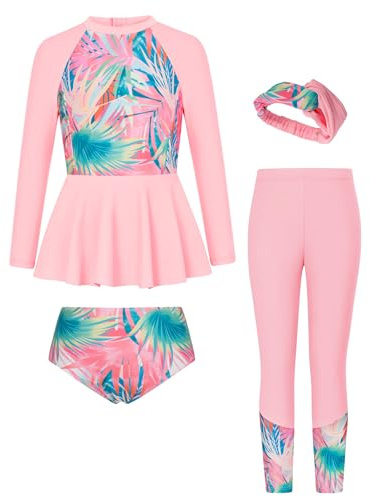 GRACE KARIN Costume da Bagno per Bambini con Girocollo a Maniche Lunghe Set Blu Rosa Foglie di Palma 12 Anni