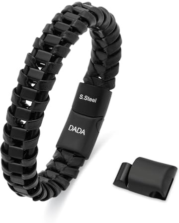Dada Gioielli - Herrenarmband erhältlich in satiniertem Gold, Silber oder Schwarz, geflochtenes Leder in Braun und Schwarz, antiallergische Edelstahlkette, größenverstellbar: