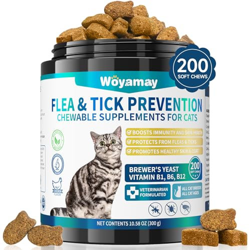 Woyamay Flea and Tick Support for Cats Chewables, 200 Treats Natural Cat Flea Chews, Daily Cat Flea Care, Flea Support Chewable Supplement for Cats Kittens for All Breeds, Chicken Flavor