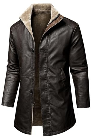 vokkrv Chaqueta de cuero Hombre Grueso Otoño Invierno Abrigo largo gótico punk Chaqueta PU bomber cremallera impermeable moto bolsillo Outwear Moda Tops cálida Forro de felpa Talla grande