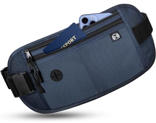 Sofore wasserdichte Hüfttasche für Damen und Herren, Flat Bum Bag mit RFID-Blockierungstechnologie, Die Diebstahlsichere Reisetasche Eignet Sich zum Transport von Pässen,Bargeld,Dunkelblau