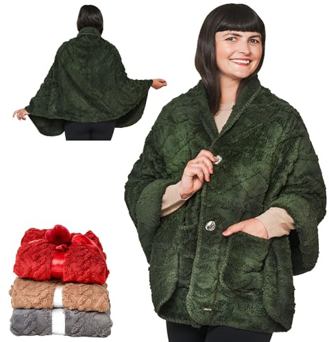 EzrAllora Boho Chic Wearable Blanket -No Sleeves Drape and Go- Poncho Blanket Wrap Shawl - Gifts for Grandma and Mom (Dark Olive)