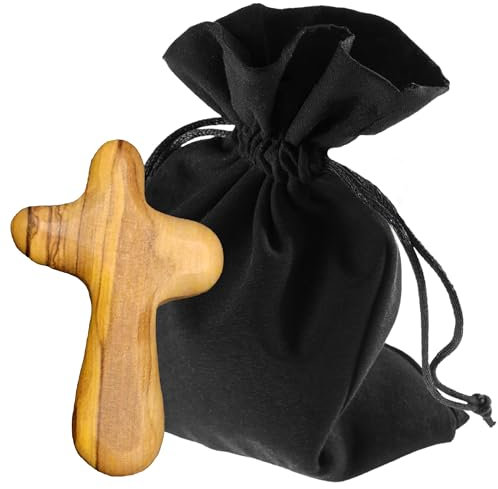 Lunexus Trostkreuz 5 cm - Olivenholz aus Bethlehem - Handgemacht, gesegnet & geweiht - Kreuz für Kommunion, Taufe, Firmung, Gebet, Pilger & Kranke - Heilkreuz Handkreuz - Geschenk Beerdigung & Trauer