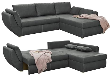Modernes Ecksofa B272/T200/H88 cm mit Rutschenlehne, Schlaffunktion und Bettkasten, Gästebett-Liegefläche 128x224 cm, Ottomane seitenverkehrt montierbar, Mikrofaser-Bezug in Dunkelgrau / 15228