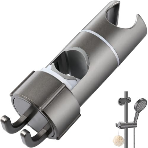 Universal Duschkopfhalterung 16-27mm Verstellbar, 360° Drehbar mit Schiebeklemme + 2 Haken, für Gleit-/Duschstange Badezimmer Ersatz Shower Head Holder (Grau)