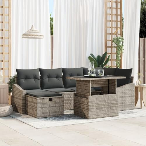 vidaXL Trädgårdsoffset med kudde 7 pcs Grå konstrotting, Trädgård och Terass, Modulär Utemöbel, Rattan-soffor för Avkoppling, UV-skyddad Utformning
