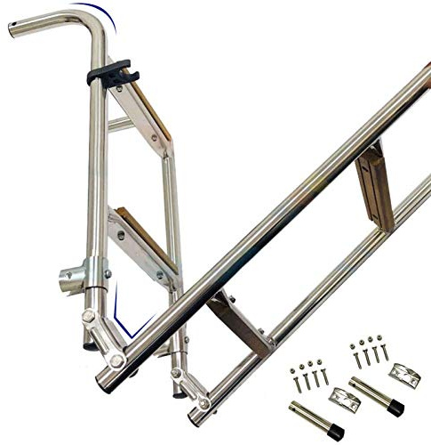 OZBMA Échelle de Pont de Bain Robuste, Pliable, pour Piscine, Bateau, Ponton, 3 marches, avec pédales en Bois, pour entrée arrière, Montage à l'intérieur