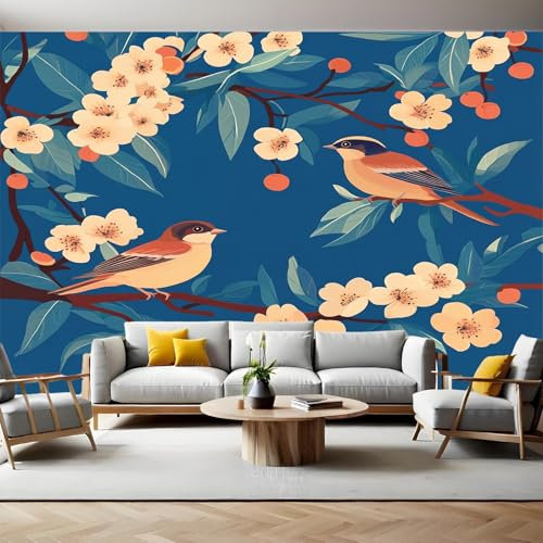 Panoramic Mural Wallpaper 390 x 260 cm Apricot Tree and Bird Blue Wall Mural Non-Woven Art Print Wallpaper Living Room Bedroom Sofa TV Backdrop Decoration Poster Picture Photo