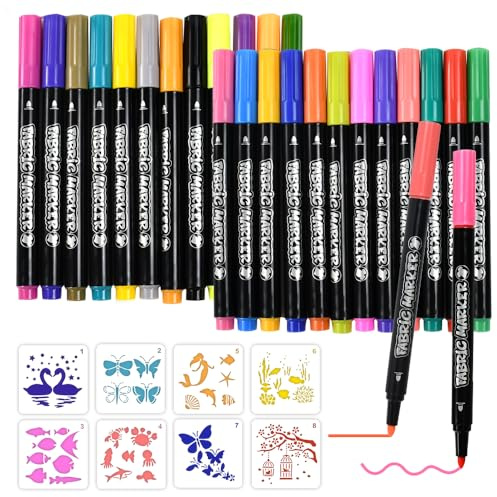 Zuxbolf 24 Textilstifte Waschmaschinenfest und 8 Schablonen Textilmarker Stoffmalstifte Textilfarbe Textilmalstifte Textil Stifte Stoffstifte für T-shirt, Stoffbeutel, Segeltuchschuhe, Einkaufstasch