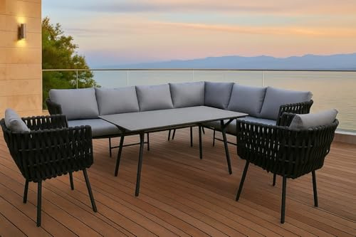 Gardissimo Dining Lounge Abby Rechts Schwarz, Anthrazit, Rope, 9 Personen | Mit Ecksofa, Esstisch, 2 Sessel, Kissen, Wetterfest, Bezüge Waschbar, Aluminium Sitzgruppe