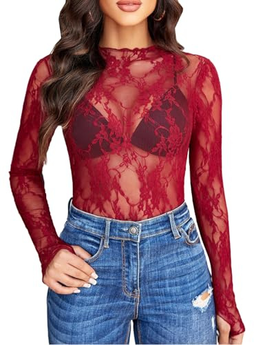 MIZSPISE Blusa Donna Pizzo Elegante Manica Lunga Camicia Transparente Festa Curvy Tuta Hot Maglietta a Rete Casual Sera Notte Regalo Cerimonia (IT, Testo, XL, Regular, Regular, Vino Rosso)