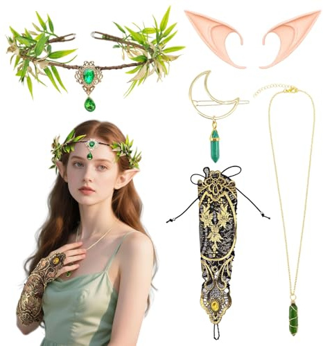 SAIIURV 5 Stücke Waldfee Stirnband, Renaissance Elfenkostüm, Elfenkrone Schmuck, Waldelfe Elfenohren, Elfe Waldfee Kopfschmuck Feenblätter Krone Stirnband für Hochzeit