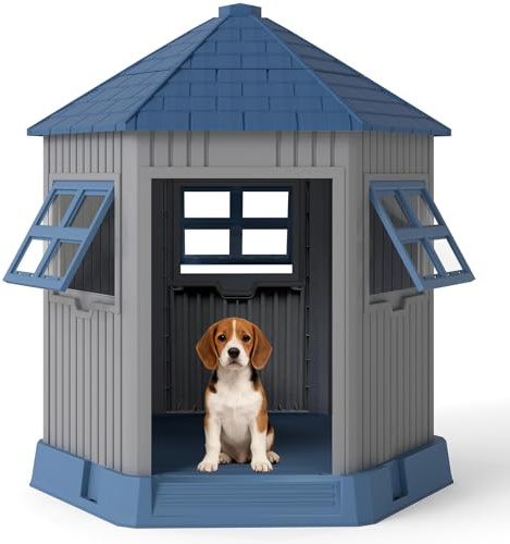 GYMAX Hundehütte Outdoor, Hundehaus im Scheunenstil mit Schrägdach, Oberlicht & 2 Fenstern, Hundehöhle wetterfest für kleine & mittelgroße Hunde, 76 cm x 90 cm x 96 cm