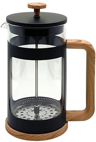 Generisch French Press 1L – Kaffeebereiter aus hitzebeständigem Glas, Edelstahlfilter (feinmaschig), mattschwarz, Griff in Holzoptik, bis zu 4 Tassen (à 250 ml)