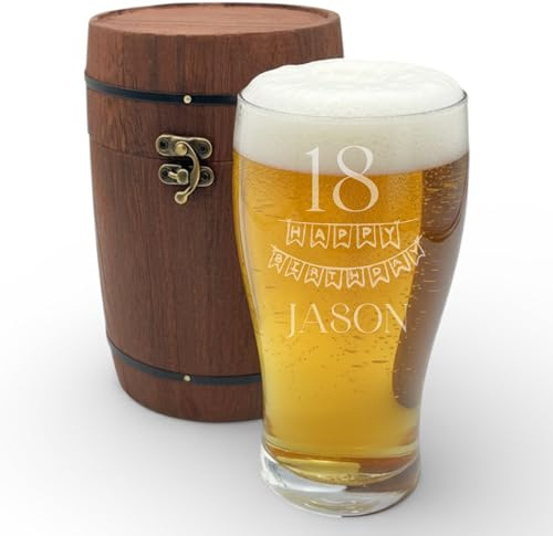 ukgiftstoreonline Personalised Beer Glass with Vintage Barrel Gift Box, 550ml, 16cm Height, Milestone Birthday, 18th-90th, Bunting Design (18th Birthday)
