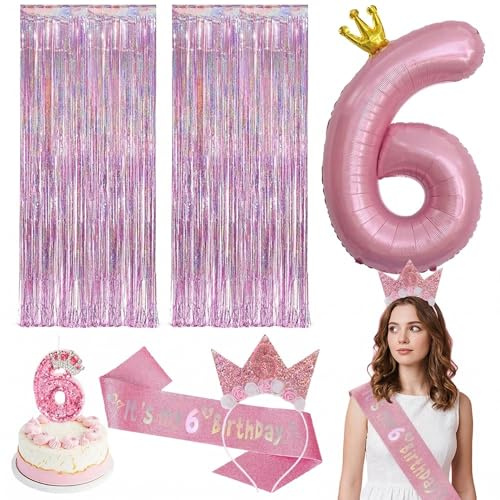 Decoración Cumpleaños 6 Años Estilo Princesa Color Rosa, Incluye Corona, Banda, Globos, Velas y Cortinas de Flecos Rosas, Accesorios Completos para Fiestas y Celebraciones Especiales y Elegantes