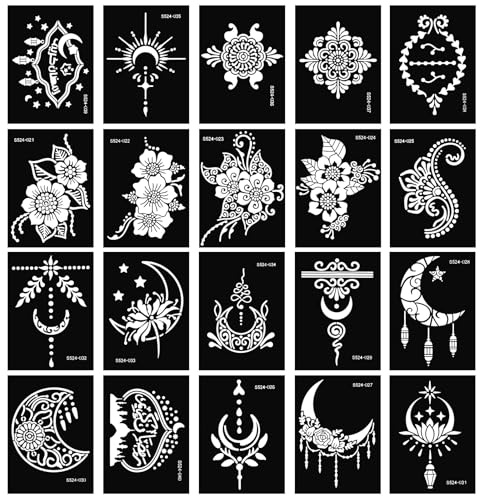 20 Blatt Temporäre Tattoo-Vorlagen Tattoo Schablonen für Erwachsene Wiederverwendbare Temporäre Tattoo Aufkleber Glitzer Tattoos Schablonen Glitzertattoos Schablone für Gesicht Hand Fuß Finger